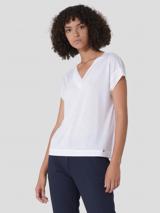 Tunic in lyocell and cotton with V-neck