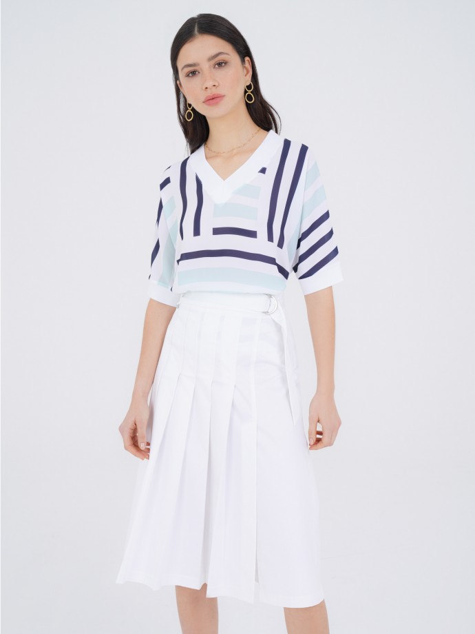 Stretch cotton midi skirt with pleats