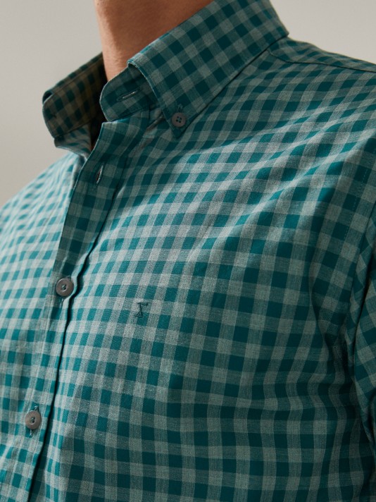 Camisa Slim Fit Xadrez Azul Petróleo