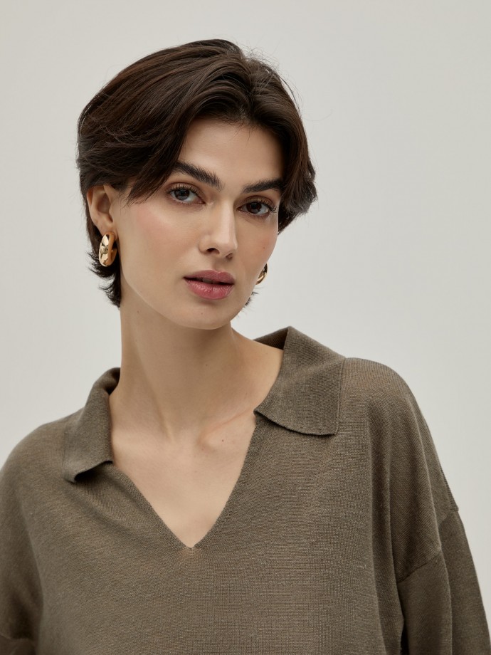Short sleeve polo shirt with linen