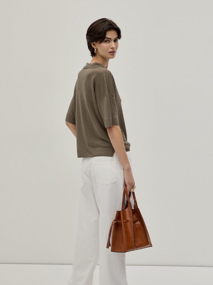 Short sleeve polo shirt with linen