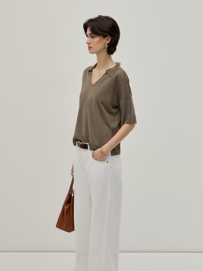 Short sleeve polo shirt with linen
