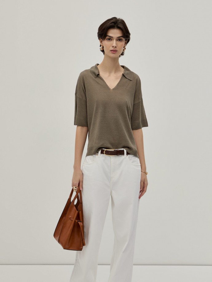 Short sleeve polo shirt with linen