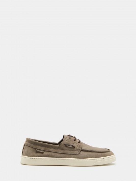 Suede boat shoe with white sole