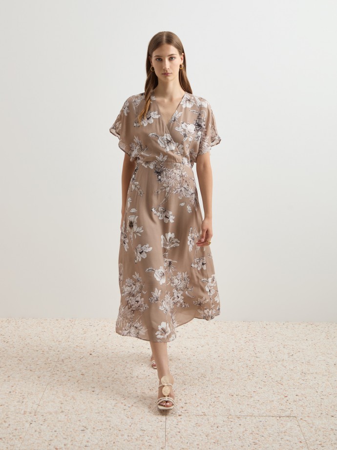 Sleeveless Floral Pattern Midi Dress with Belt Detail - Beige