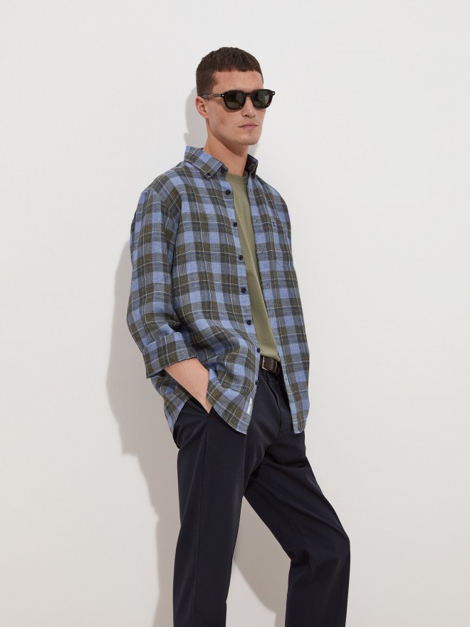 Regular fit linen plaid shirt